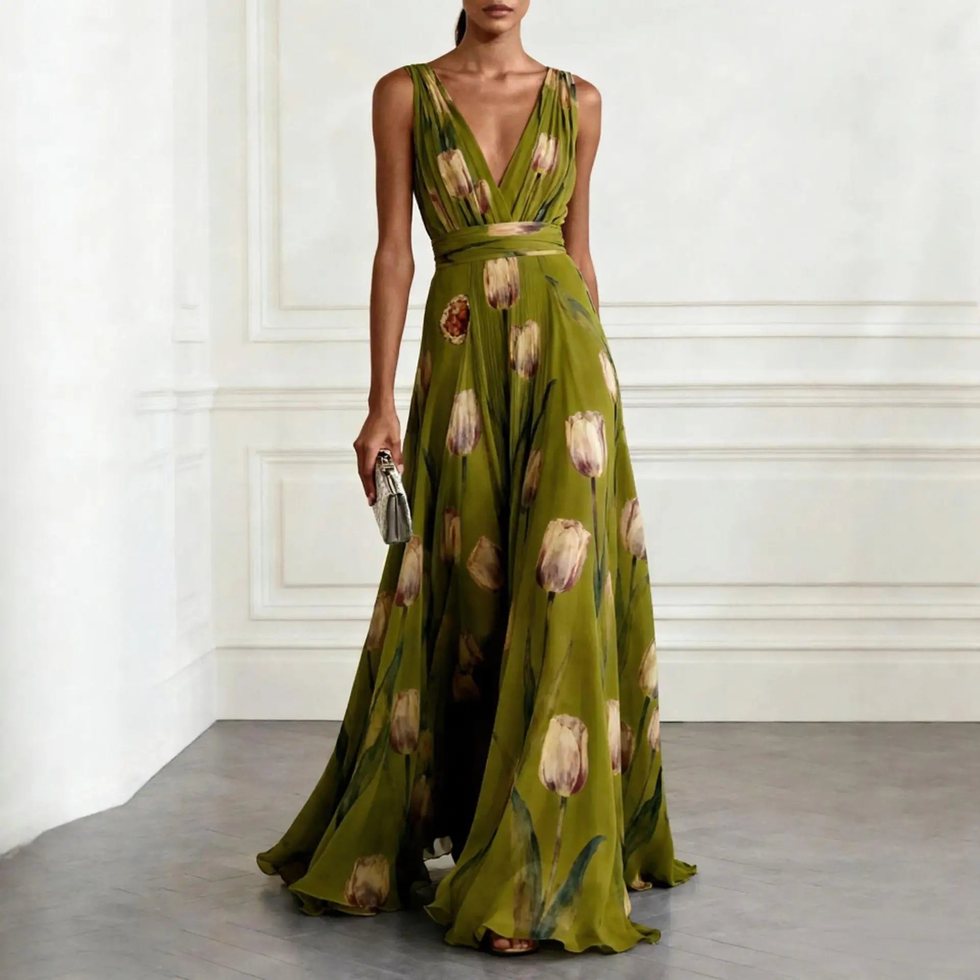 Lucienne | Tulip Print V-Neck Maxi Wedding Guest Dress