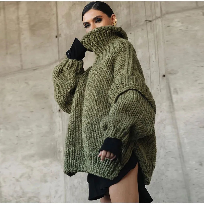 Amandine | Chunky Knit Turtleneck Roll Neck Jumper Sweater — Olive