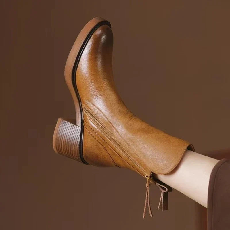 Lucinda | Black Brown Leather Low Heeled Ankle Boots High Heel