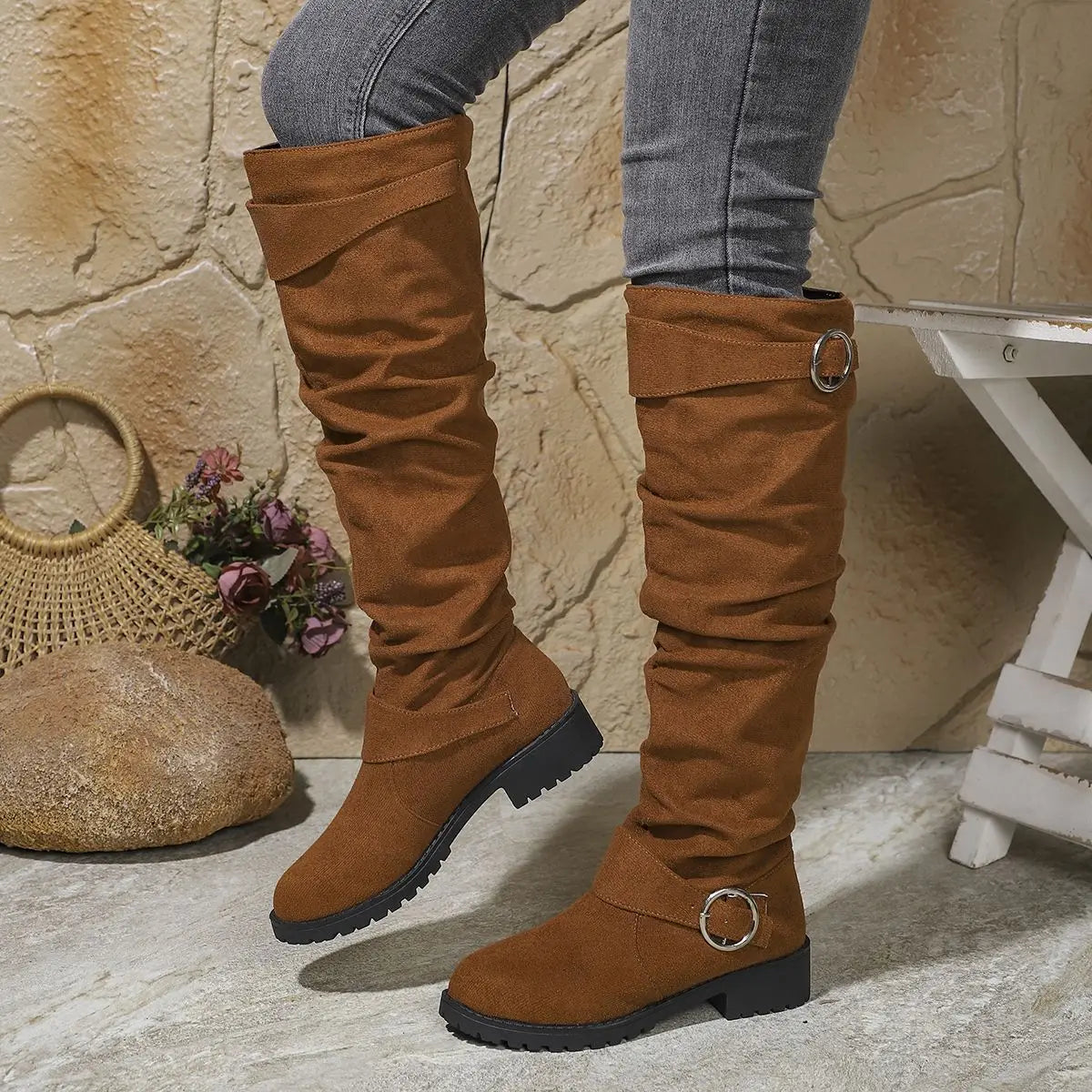 Sidonie | Slouchy Knee High Chunky Wide Fit Boots — Light Brown