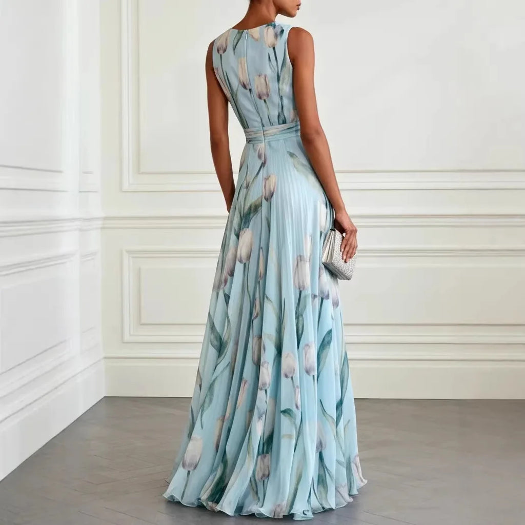Lucienne | Tulip Print V-Neck Maxi Wedding Guest Dress