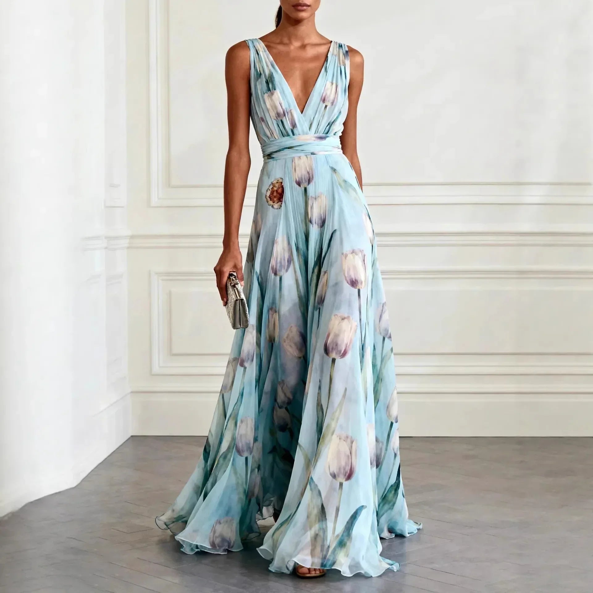 Lucienne | Tulip Print V-Neck Maxi Wedding Guest Dress