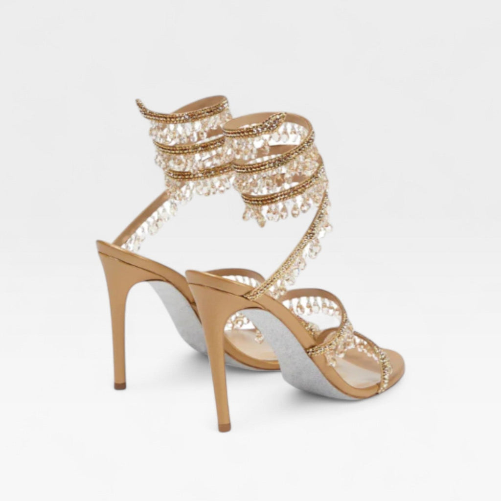 Esmee | Gold Block Heels For Wedding Crystal Strappy Sandals