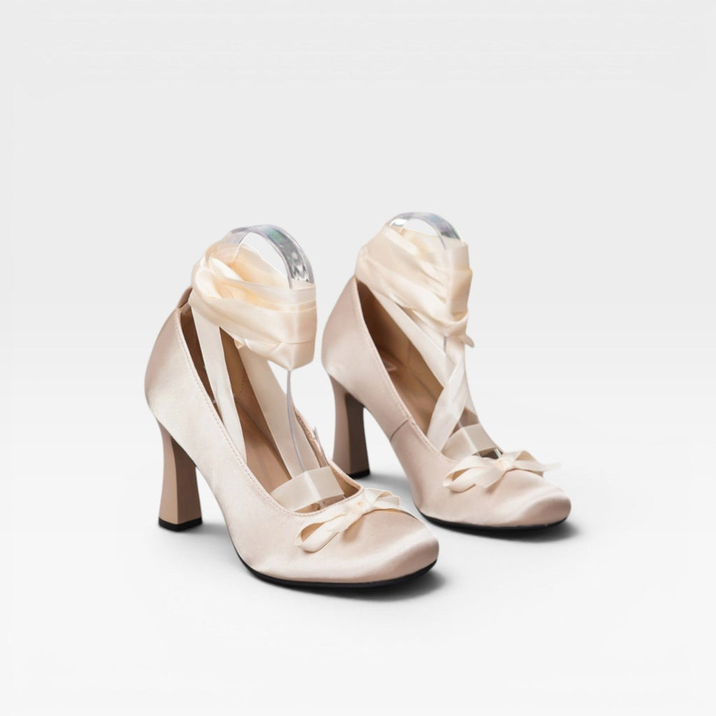 Wilhelmina | Gold Block Heels For Wedding With Satin Ribbon Ties