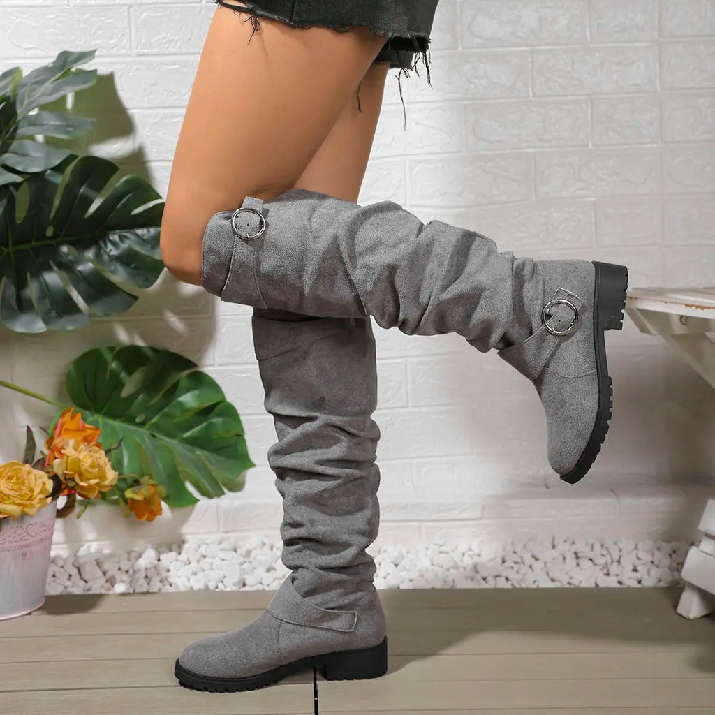 Sidonie | Slouchy Knee High Chunky Wide Fit Boots — Light Grey