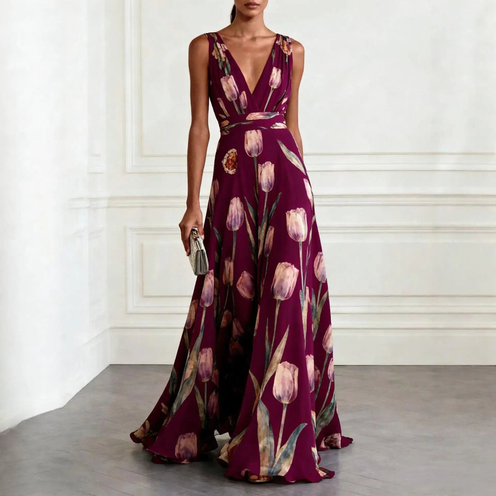 Eulalie | Tulip Print V-Neck Maxi Wedding Guest Dress