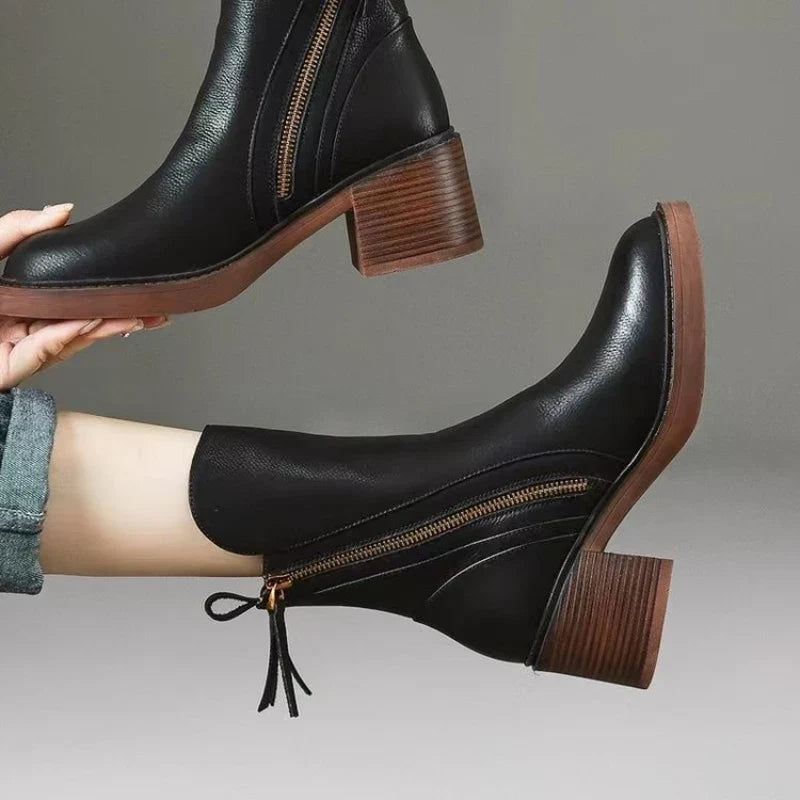 Lucinda | Black Brown Leather Low Heeled Ankle Boots High Heel