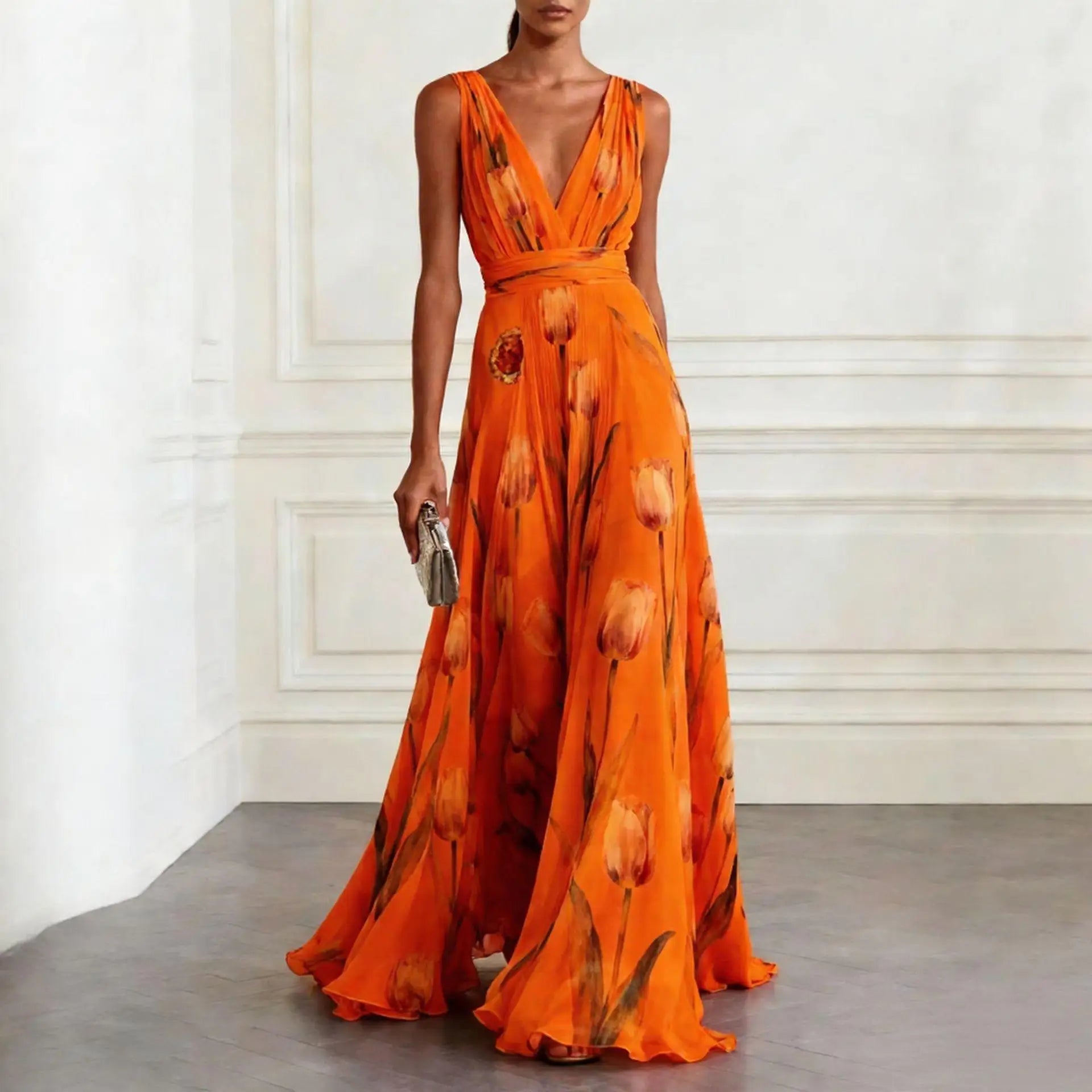 Lucienne | Tulip Print V-Neck Maxi Wedding Guest Dress