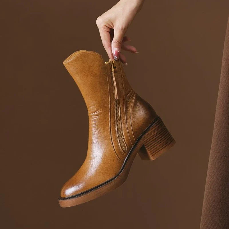 Lucinda | Black Brown Leather Low Heeled Ankle Boots High Heel — Brown