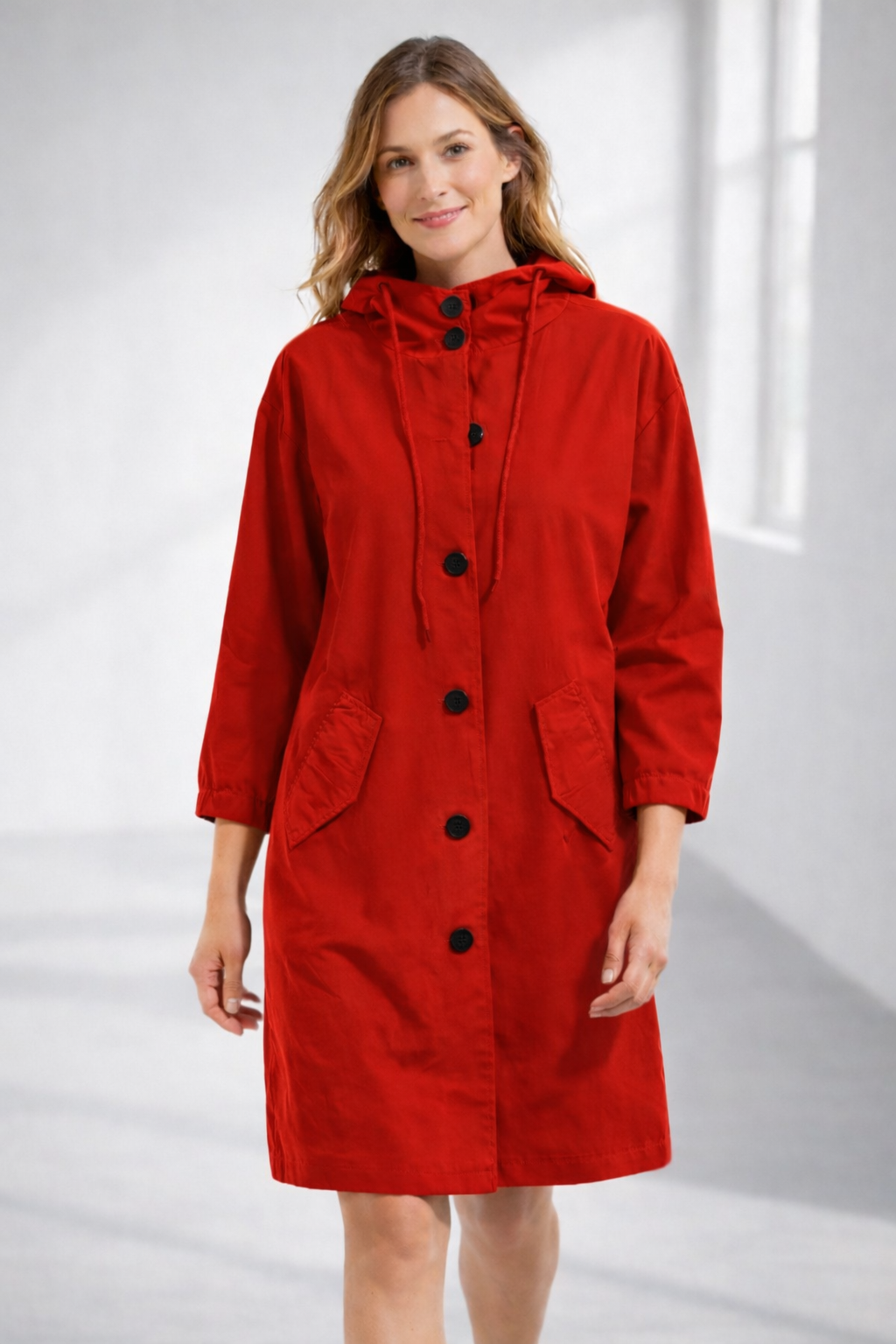 Mathilde | Longline Black Wool Hooded Winter Puffer Coat Fur — Red