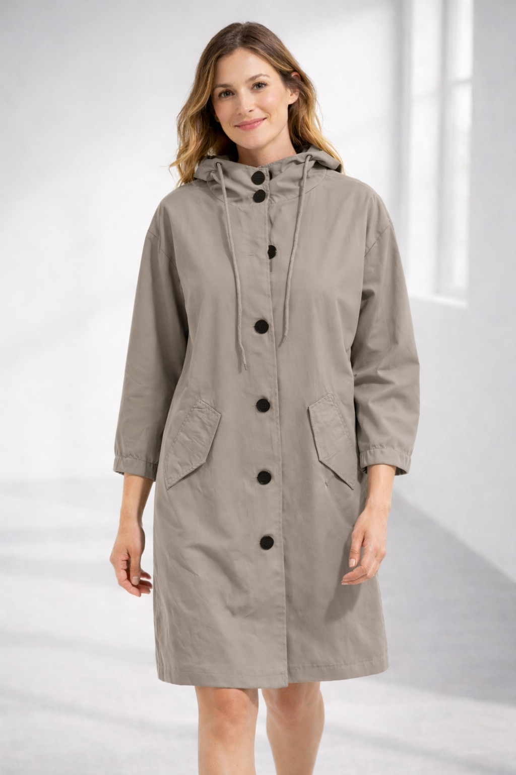 Mathilde | Longline Black Wool Hooded Winter Puffer Coat Fur — Beige