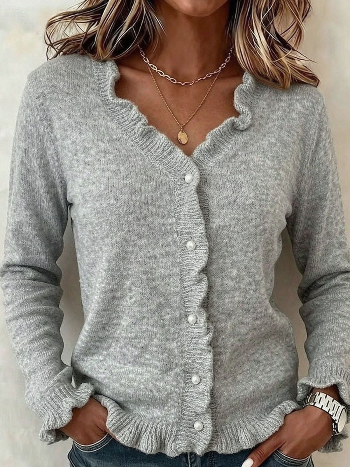 Nadia | Cream Cashmere V Neck Fur Trim Knit Sweater Cardigan — Grey