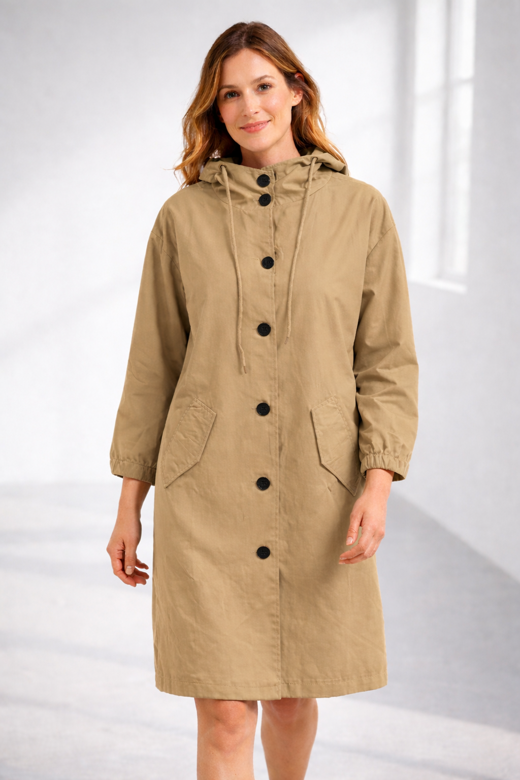 Mathilde | Longline Black Wool Hooded Winter Puffer Coat Fur — Apricot