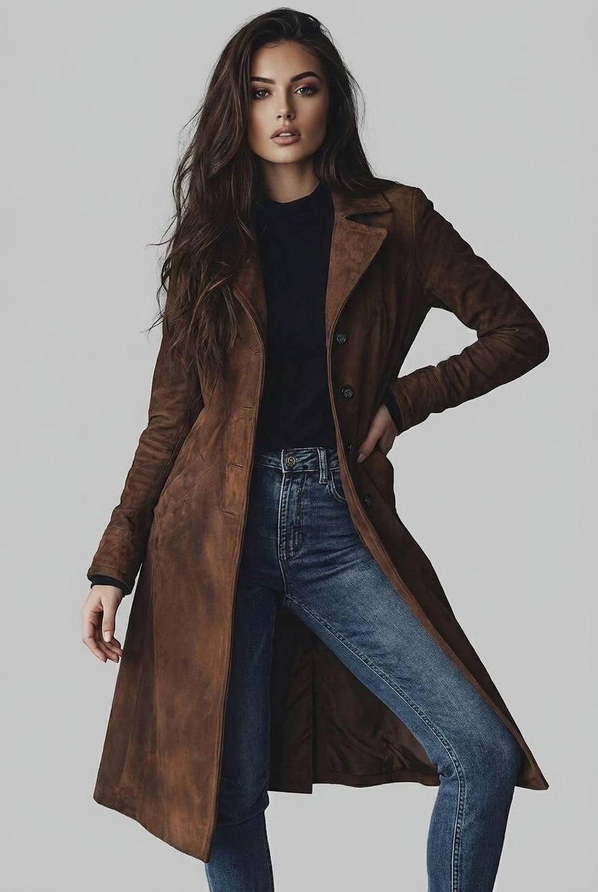 Evangeline | Black Wool Trench Coat in Suede Leather Finish — Dark Brown