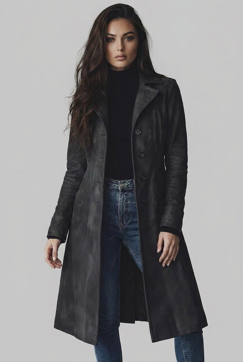 Evangeline | Black Wool Trench Coat in Suede Leather Finish