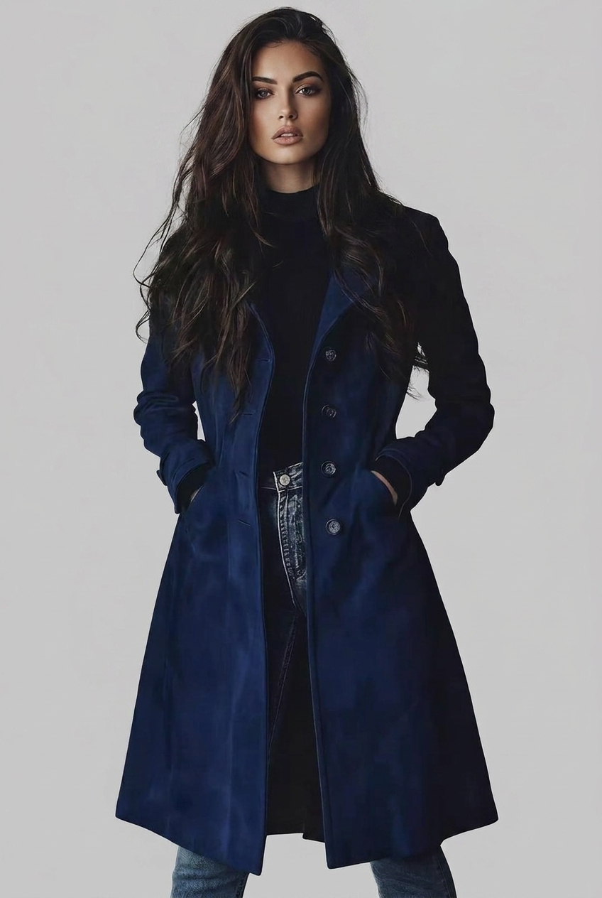 Evangeline | Black Wool Trench Coat in Suede Leather Finish — Dark Blue