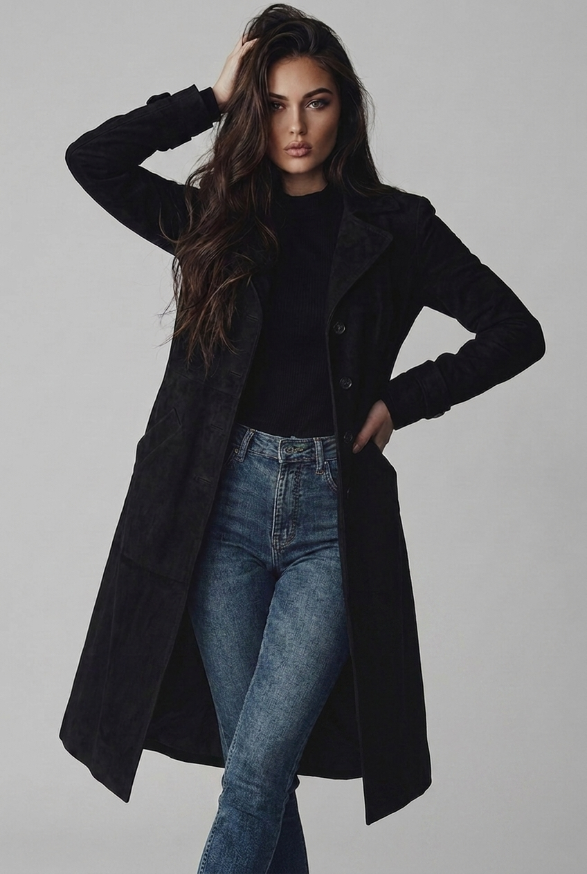 Evangeline | Black Wool Trench Coat in Suede Leather Finish — Black