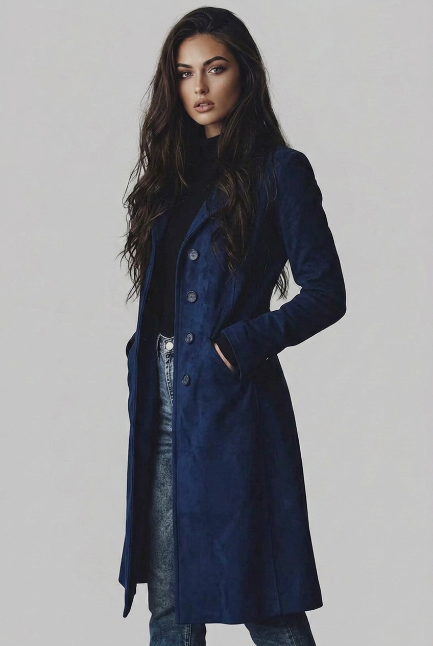 Evangeline | Black Wool Trench Coat in Suede Leather Finish