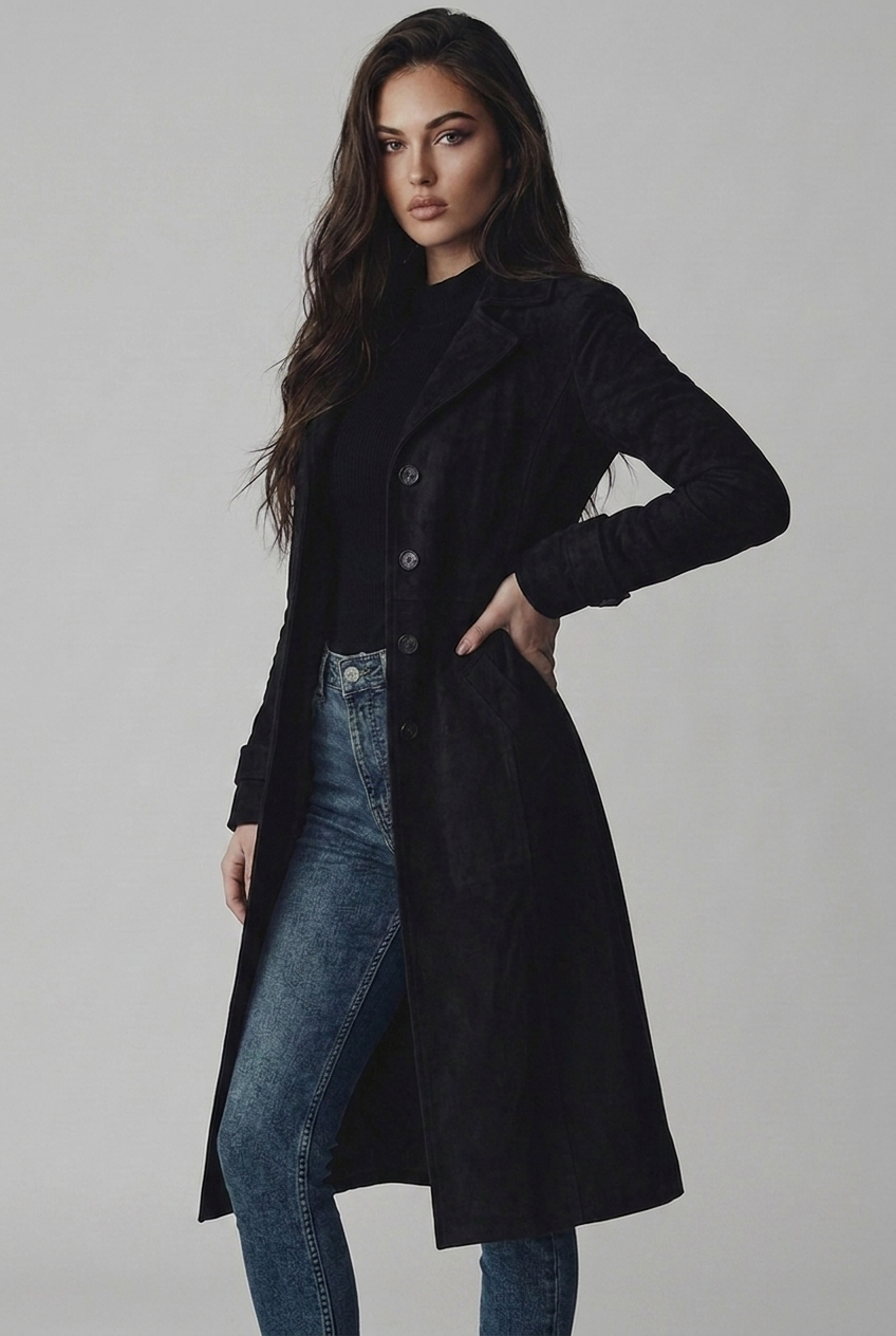 Evangeline | Black Wool Trench Coat in Suede Leather Finish