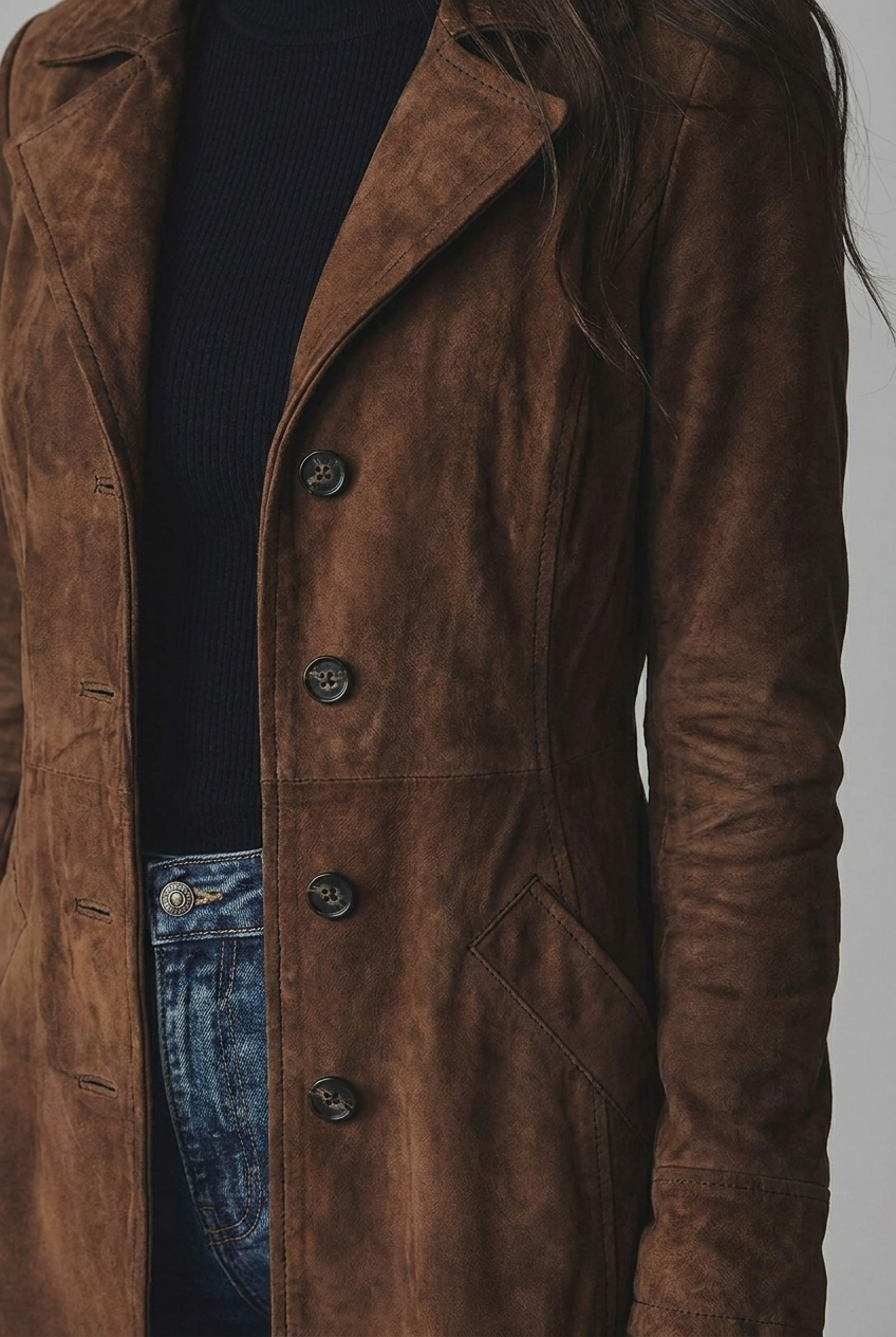Evangeline | Black Wool Trench Coat in Suede Leather Finish