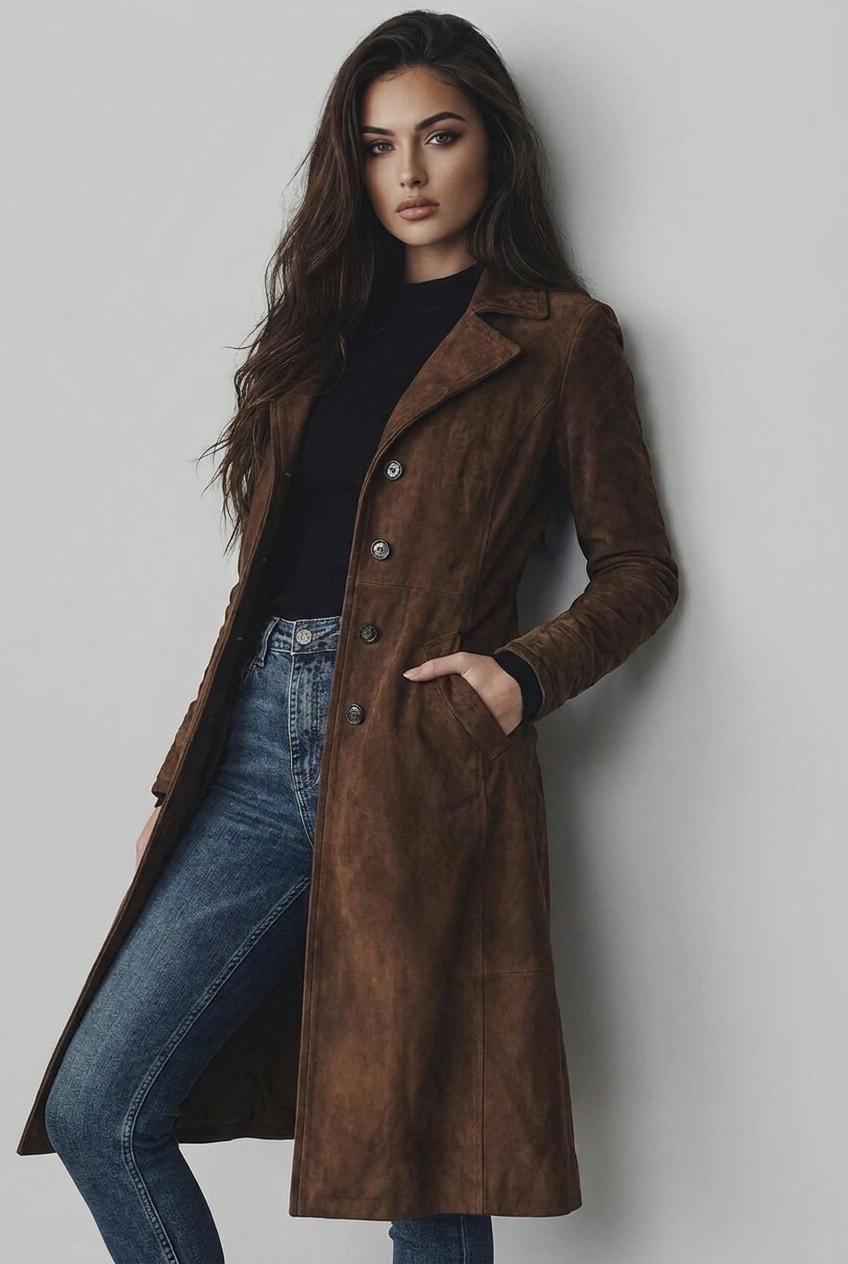 Evangeline | Black Wool Trench Coat in Suede Leather Finish