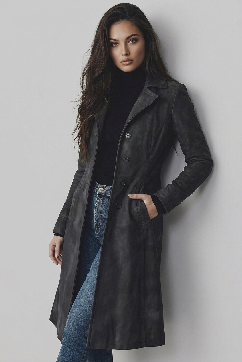 Evangeline | Black Wool Trench Coat in Suede Leather Finish — Gray