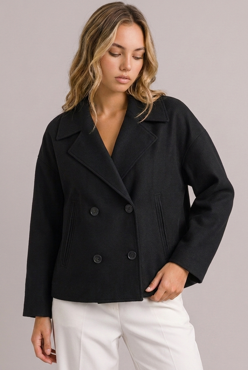 Aurelia | Cropped Black Puffer Blazer Jacket in Faux Leather — Black