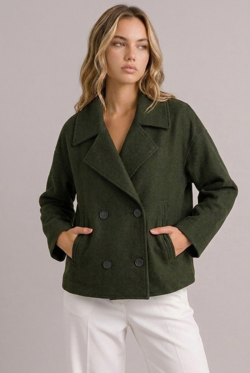 Aurelia | Cropped Black Puffer Blazer Jacket in Faux Leather — Green