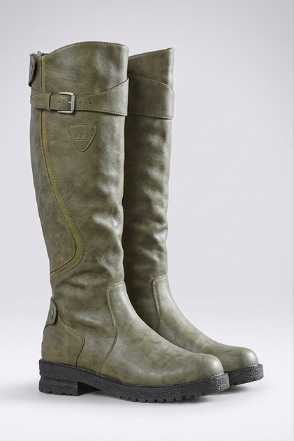 Zelie | Tall Knee High Wide Fit Leather Boots with Buckle — Olive green