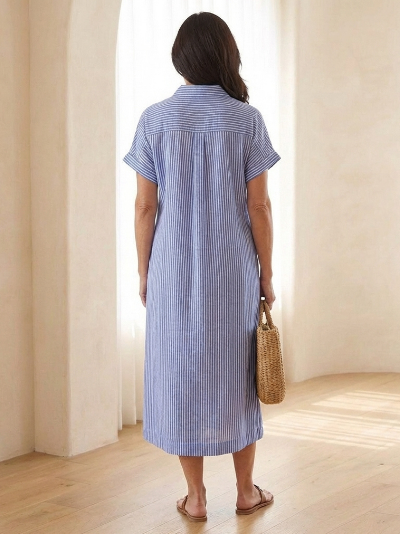 Ninon | Black Linen Midi Dress With Button Front And Stripes