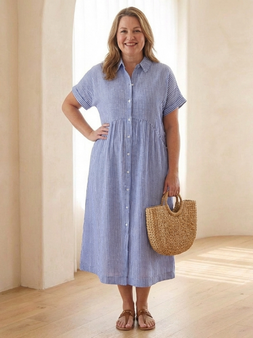 Ninon | Black Linen Midi Dress With Button Front And Stripes