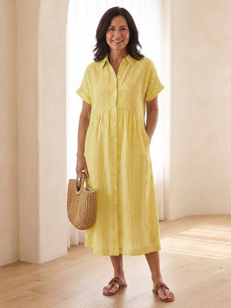 Ninon | Black Linen Midi Dress With Button Front And Stripes
