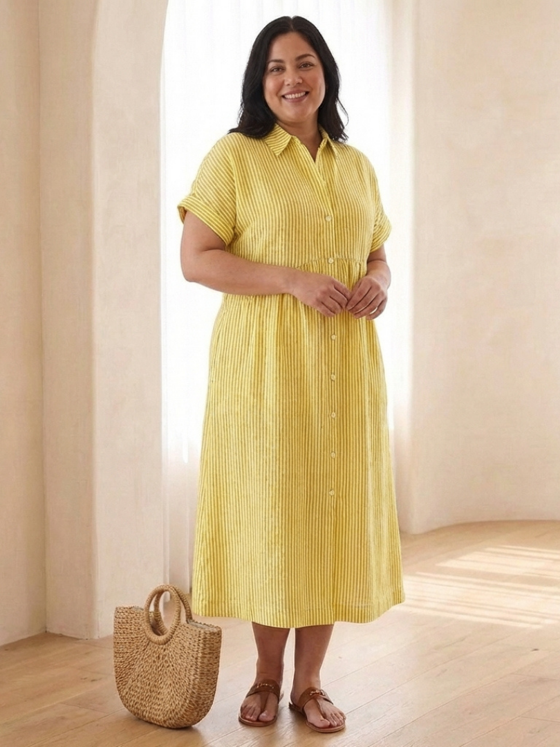 Ninon | Black Linen Midi Dress With Button Front And Stripes