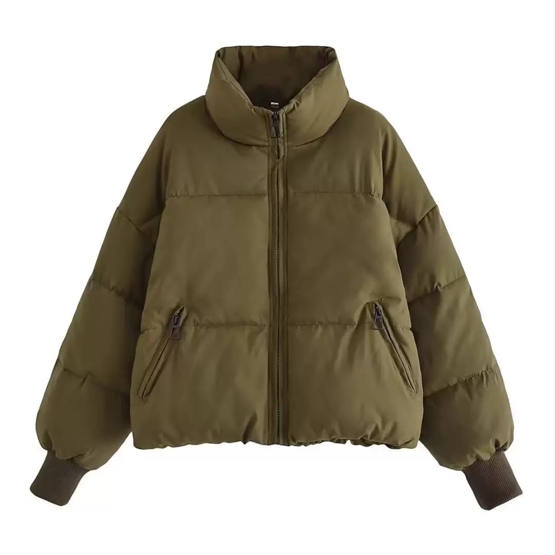 Elodie | Cropped Oversized Puffer Jacket With Hood — Olive Green