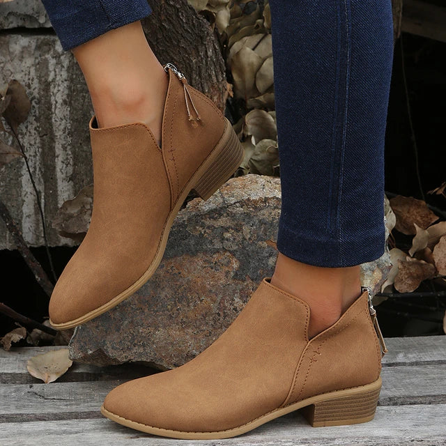 Dominique | Chunky Black Block Heeled Ankle Boots For Women — Khaki