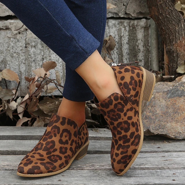 Dominique | Chunky Black Block Heeled Ankle Boots For Women — Jaguar Print