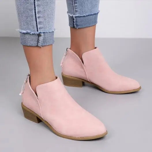Dominique | Chunky Black Block Heeled Ankle Boots For Women — Pink