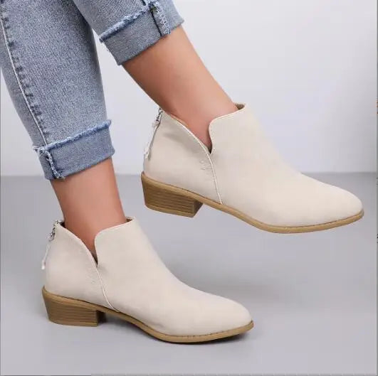 Dominique | Chunky Black Block Heeled Ankle Boots For Women — Beige