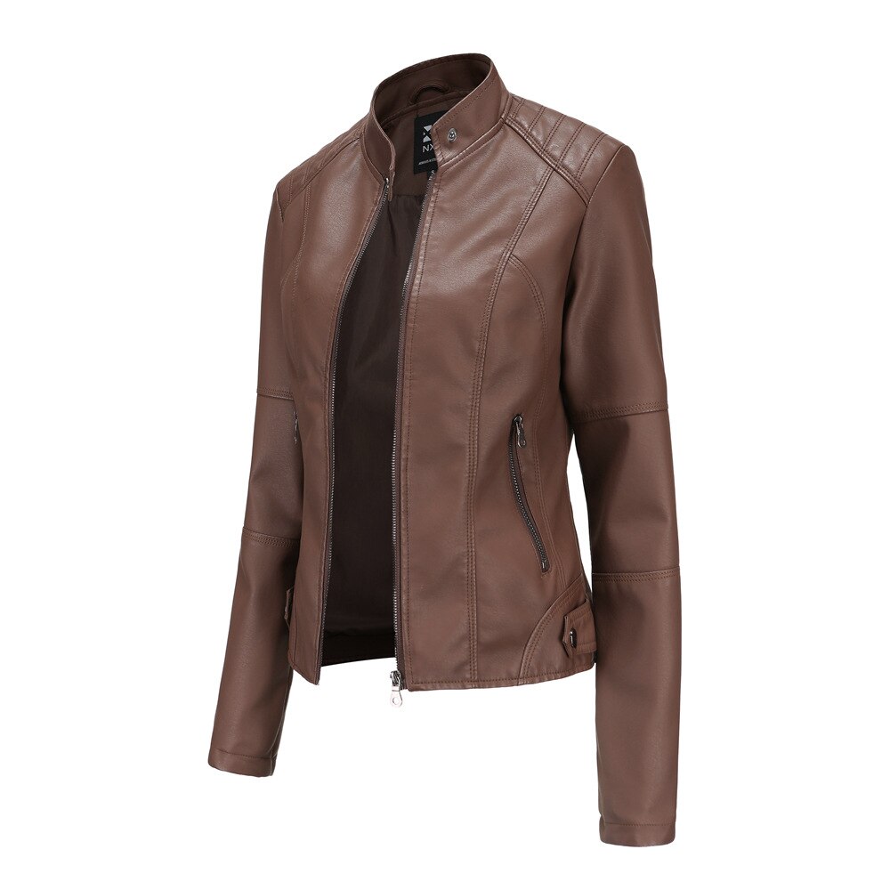 Clemence | Faux Leather Biker Jacket Fur Collar Motorcycle — Coffee