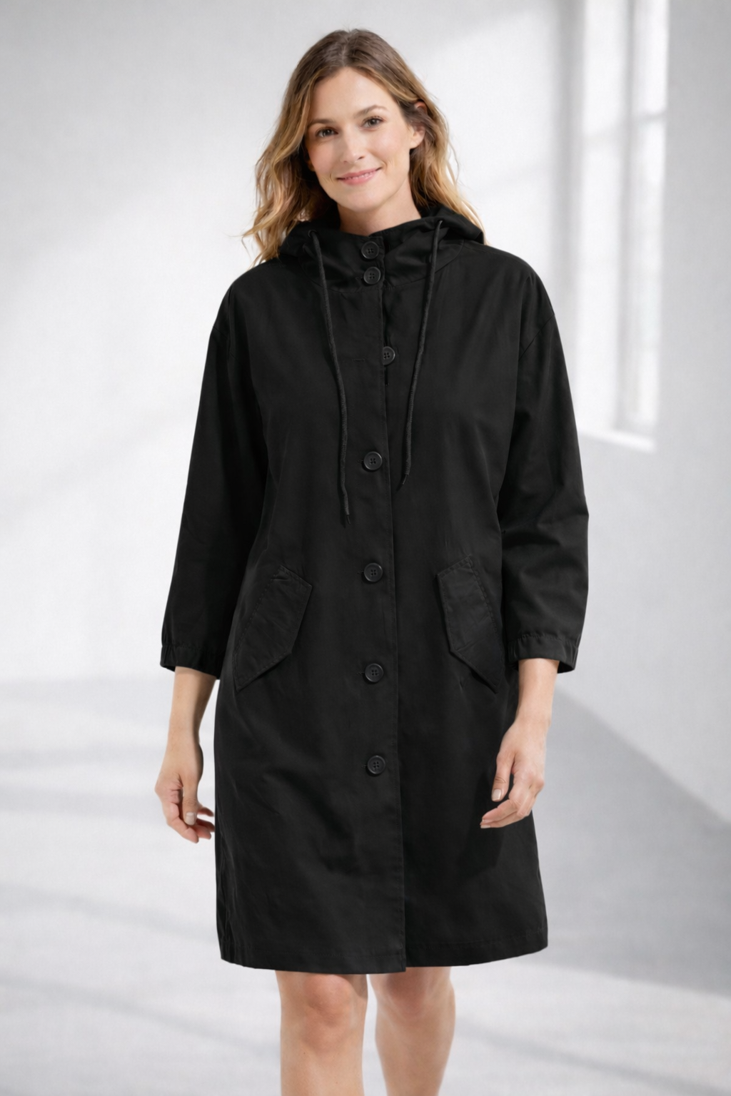 Mathilde | Longline Black Wool Hooded Winter Puffer Coat Fur — Black