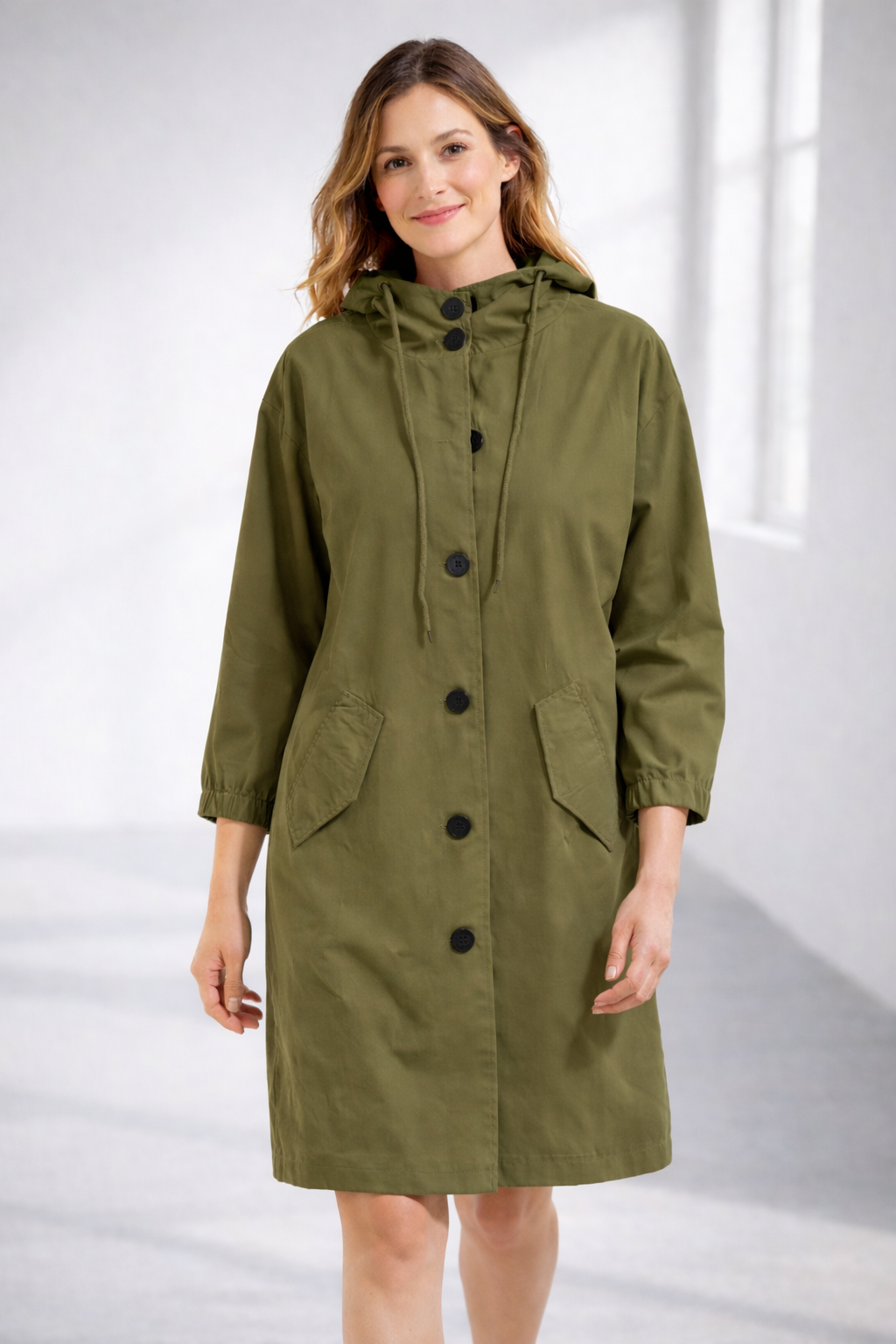 Mathilde | Longline Black Wool Hooded Winter Puffer Coat Fur — Army Green