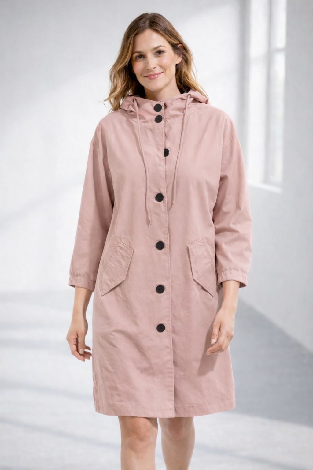 Mathilde | Longline Black Wool Hooded Winter Puffer Coat Fur — Pink