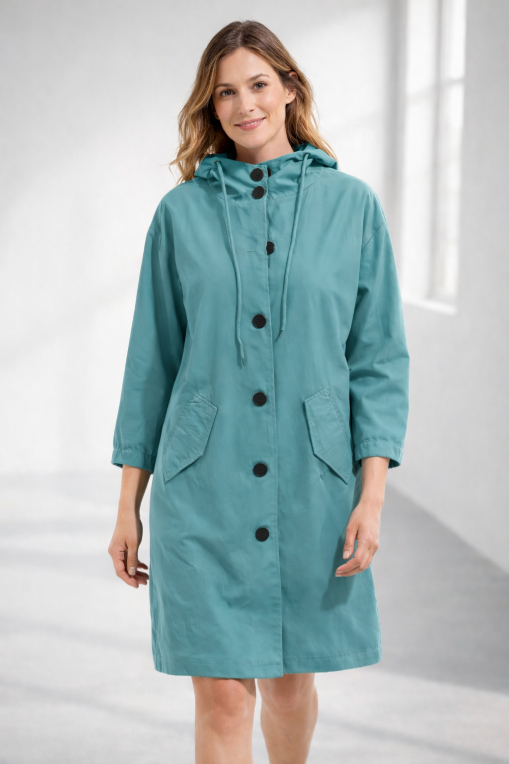 Mathilde | Longline Black Wool Hooded Winter Puffer Coat Fur — Turquoise
