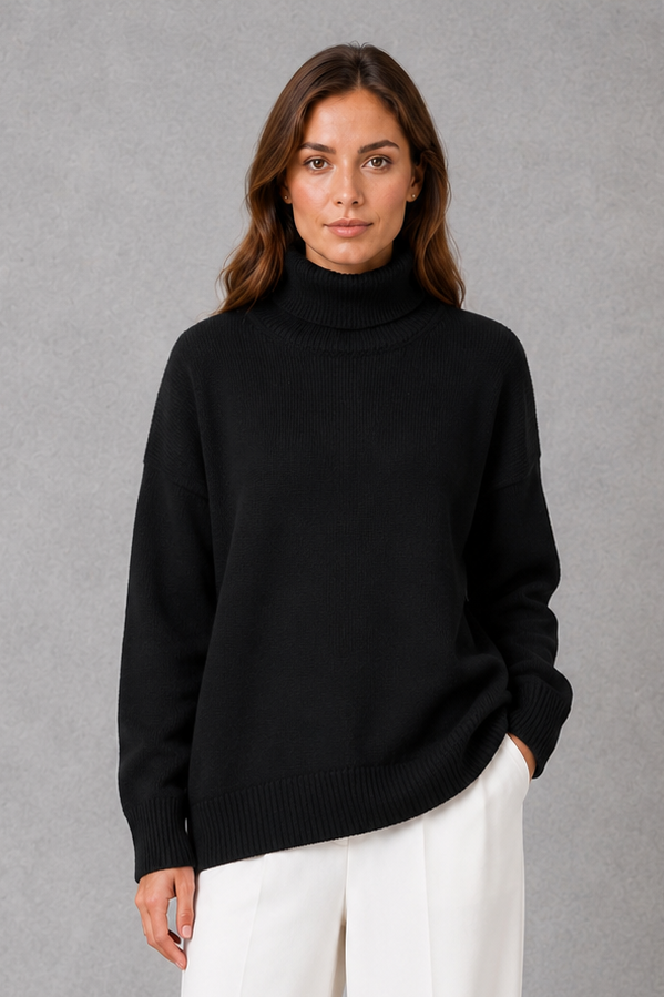 Rosanna | High Neck Turtleneck Knit Jumper Sweater V Relaxed — Black