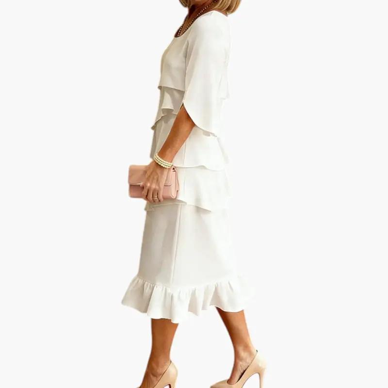 Odette | Long Sleeve Wedding Guest Midi Dress With Ruffle Detail