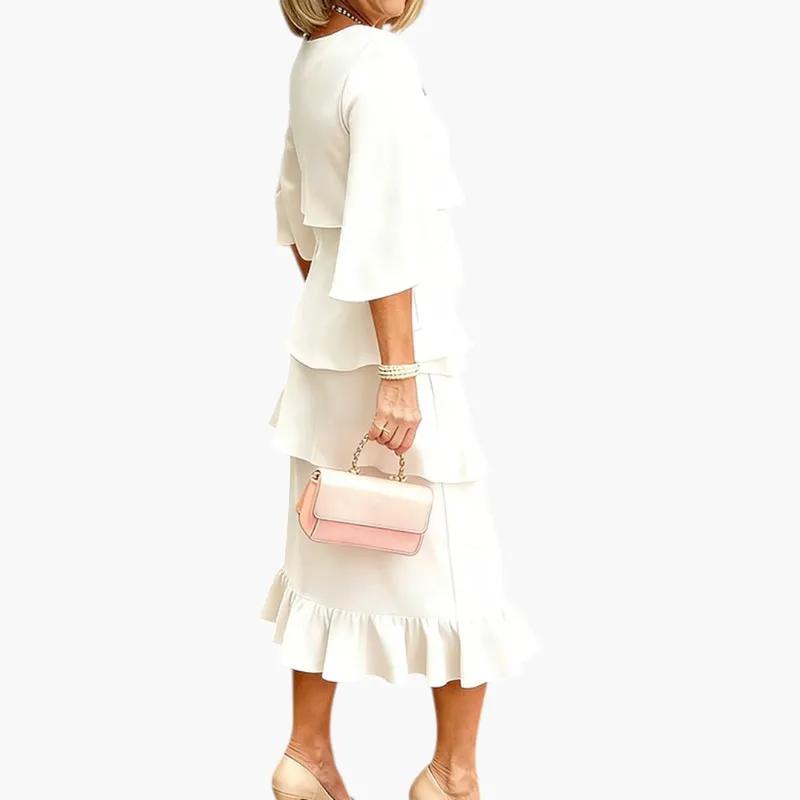 Odette | Long Sleeve Wedding Guest Midi Dress With Ruffle Detail