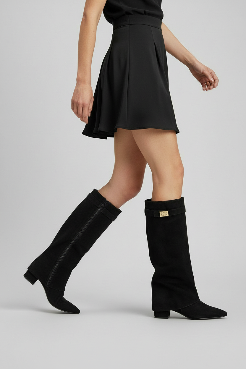 Celeste | Black Suede Leather Knee High Block Heel Boots
