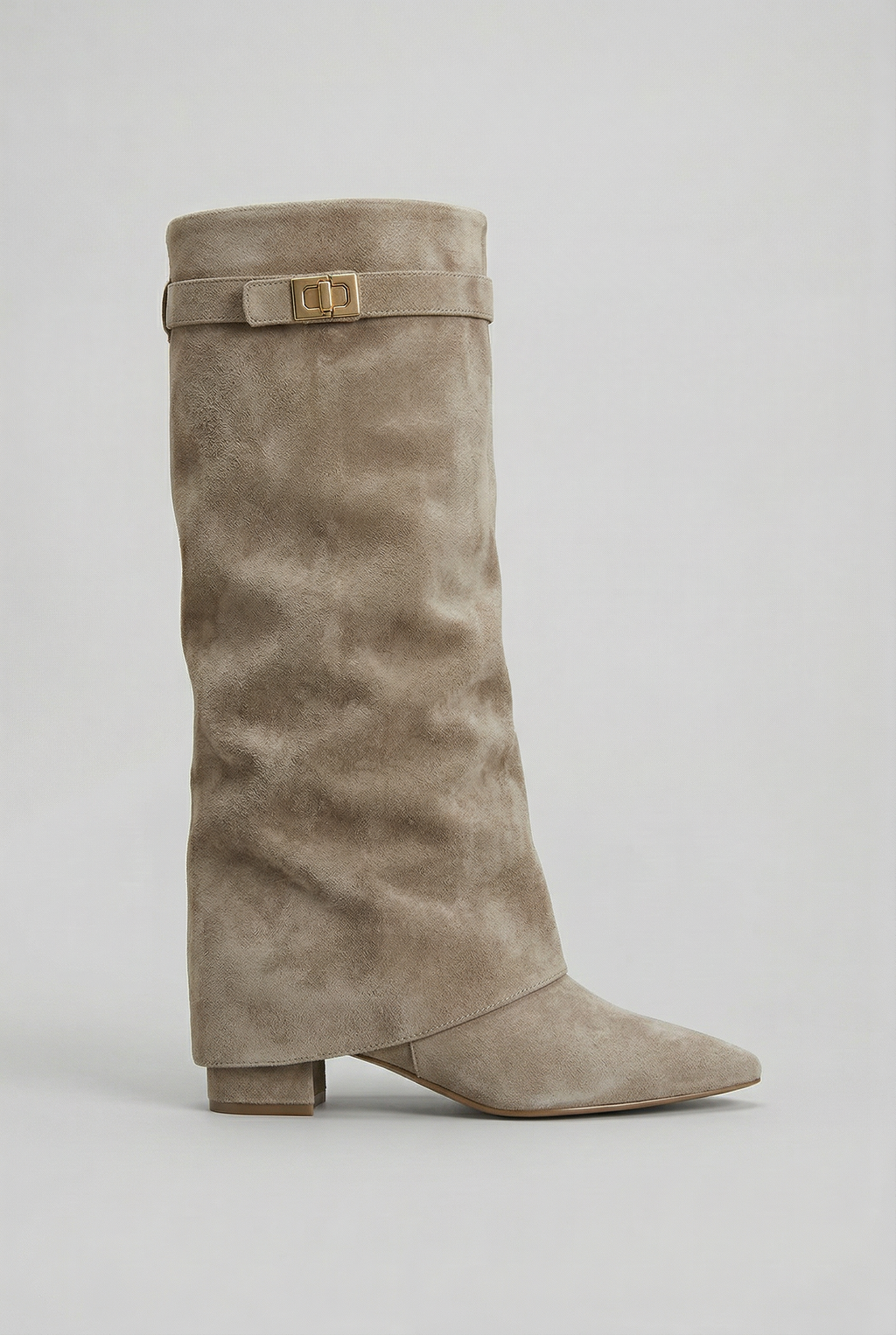 Celeste | Black Suede Leather Knee High Block Heel Boots — Taupe (Suede Look)