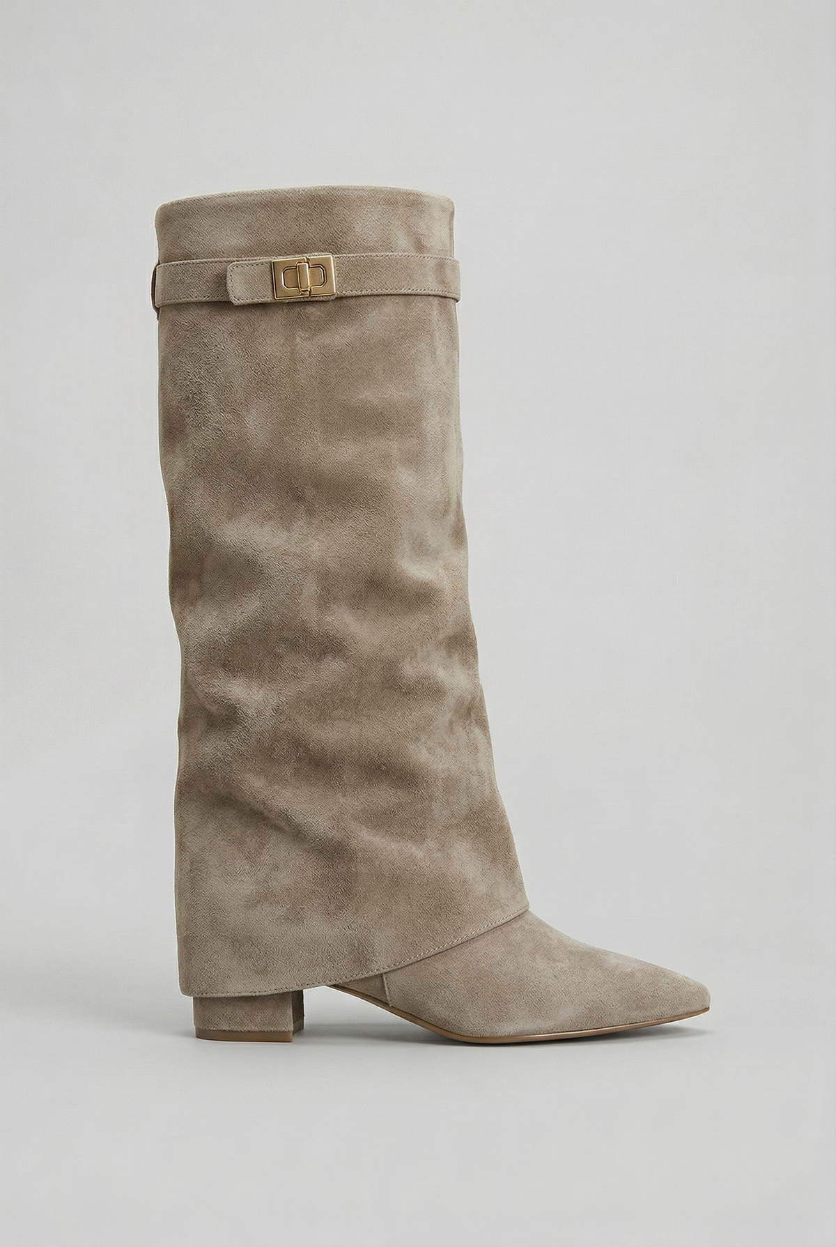 Celeste | Black Suede Leather Knee High Block Heel Boots — Taupe (Suede Look)