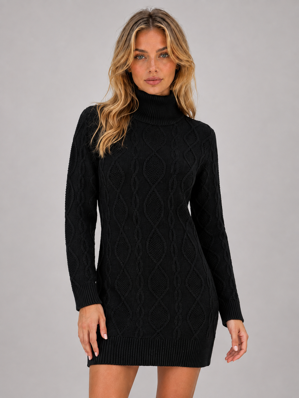 Evangeline | Cable Knit Roll Neck Long Sleeve Mini Jumper Dress — Black